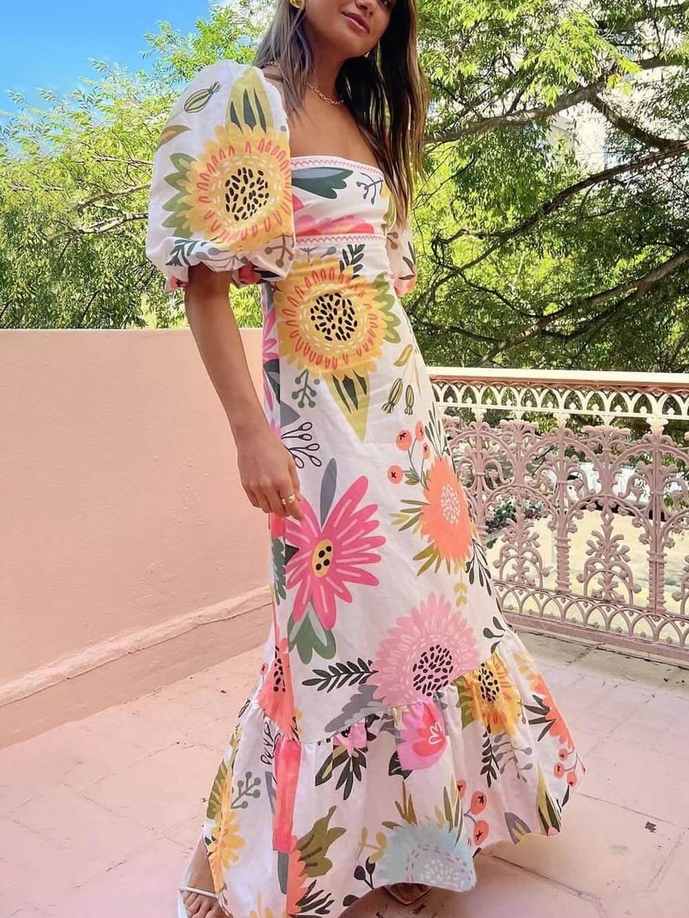 Ivy | Vakantie Vierkante Hals Bloemenprint Maxi Jurk