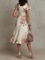 Margaret | Vintage Bloemen Satijnen Midi Jurk