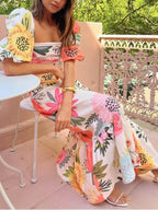 Ivy | Vakantie Vierkante Hals Bloemenprint Maxi Jurk