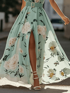 Julie | Lichtgroene Bloemen Chiffon One-Shoulder Maxi Jurk