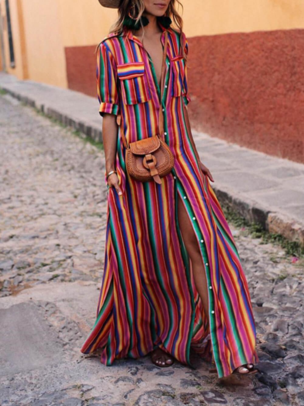 Nancy | Zomer Casual Gestreepte Gedrukte Shirt Maxi Rok