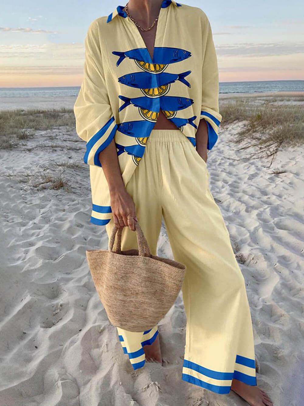 Mae | Island Style Ocean Print Oversized Shirt en Elastische Taille Pocket Broek Set