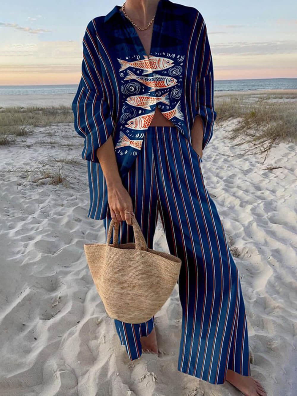 Mae | Island Style Ocean Print Oversized Shirt en Elastische Taille Pocket Broek Set