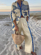 Mae | Island Style Ocean Print Oversized Shirt en Elastische Taille Pocket Broek Set