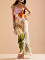 Kira | Resort Vibes Elegante Bloemenprint Eén-Schouder Maxi Jurk