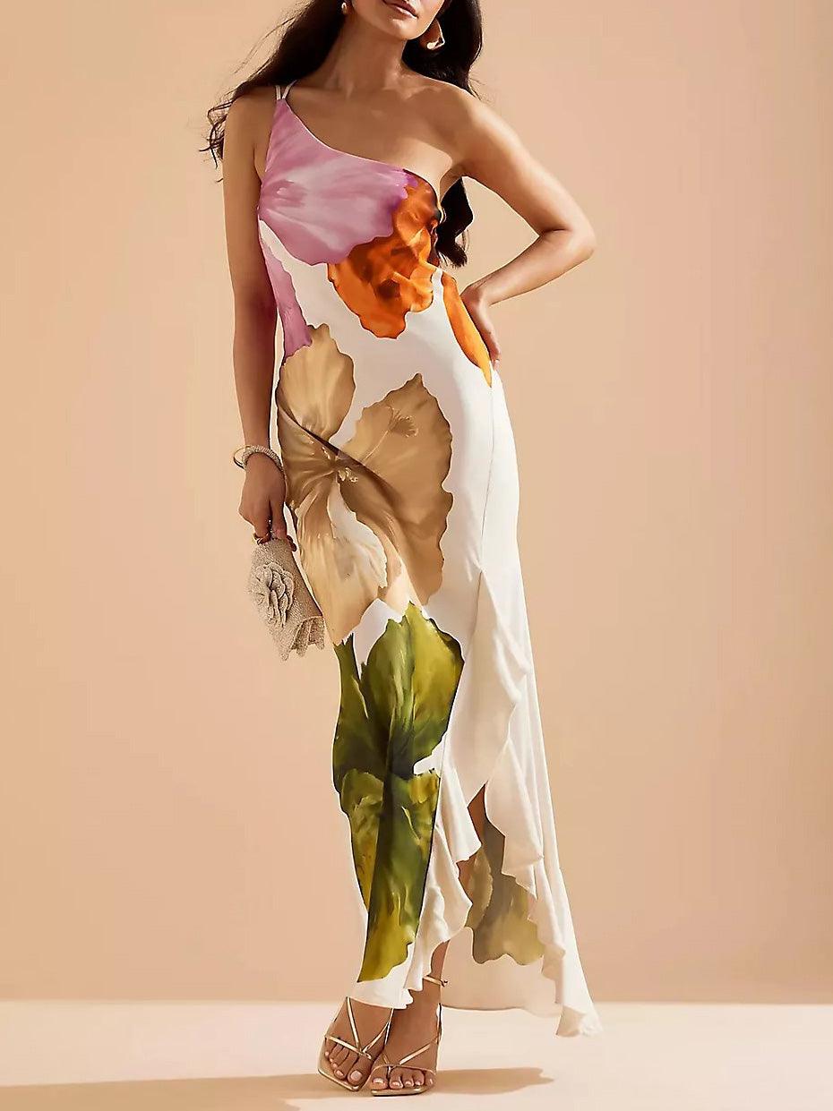 Kira | Resort Vibes Elegante Bloemenprint Eén-Schouder Maxi Jurk