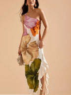 Kira | Resort Vibes Elegante Bloemenprint Eén-Schouder Maxi Jurk