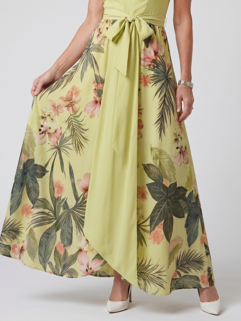 Weide | Gedrapeerde Halter Botanische Paneel Maxi Jurk