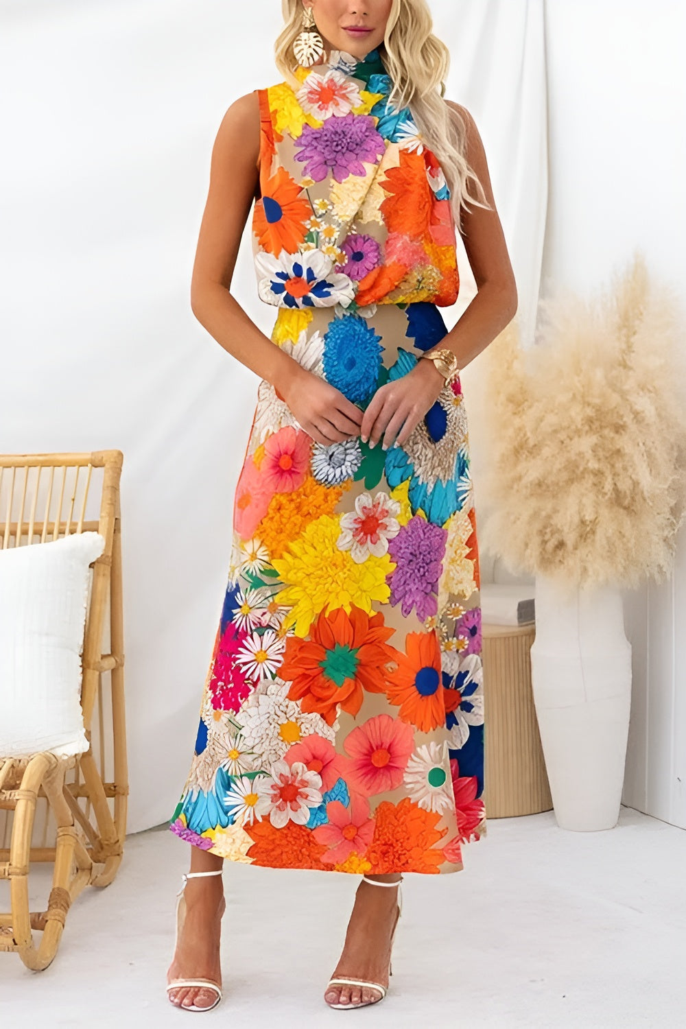 Zomer | Mouwloze Tie Neck Taille Maxi Jurk met Bloemenprint