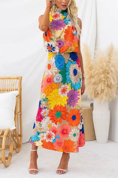 Zomer | Mouwloze Tie Neck Taille Maxi Jurk met Bloemenprint