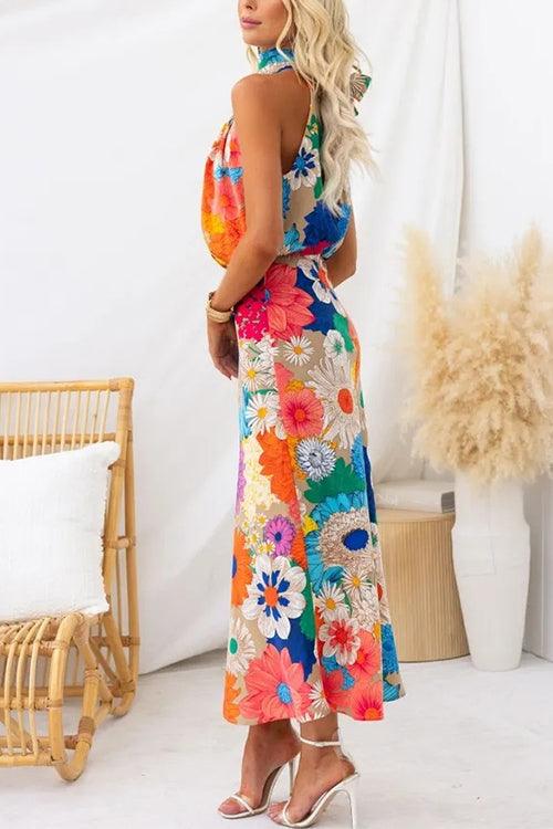 Zomer | Mouwloze Tie Neck Taille Maxi Jurk met Bloemenprint
