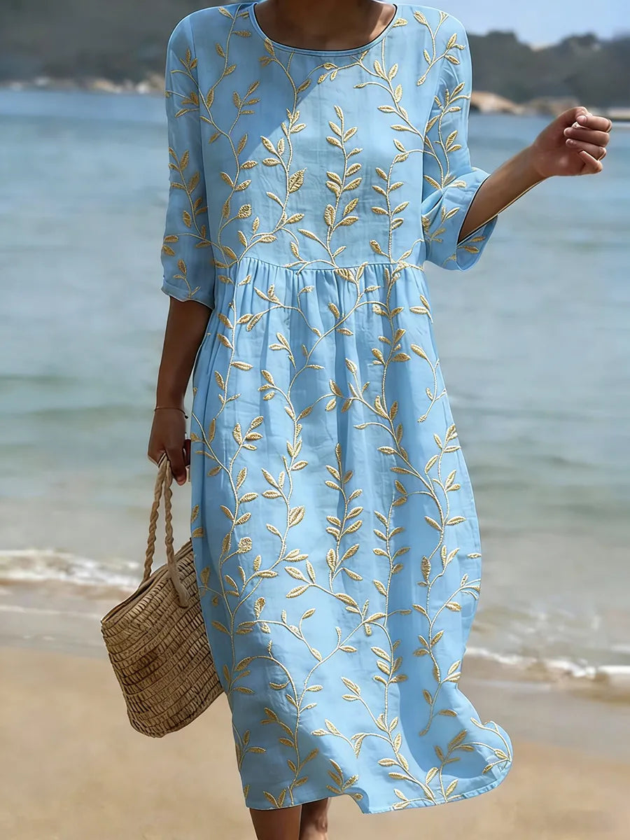 Natalie | Ronde Hals Midi Jurk met Plant- en Bloemenprint