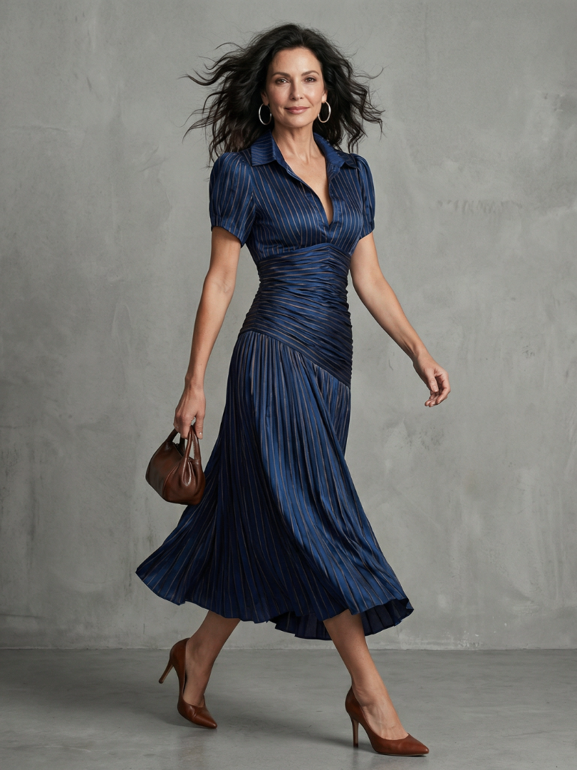 Theodora | Plissé Taille Stripe Midi Jurk