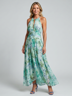 Portia | Geplooide Halter Midi-jurk met Zachte Bloemenprint