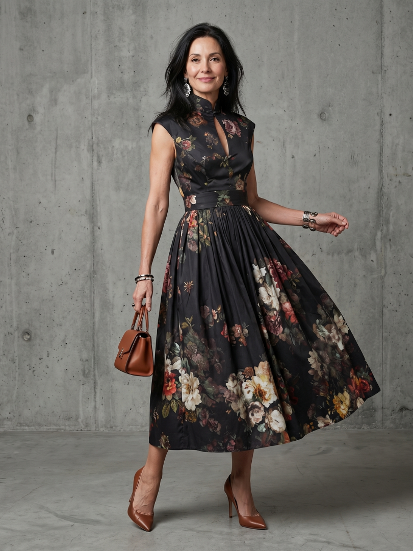 Greta | Hoge Hals Sleutelgat Bloemen Geplooide Midi Jurk