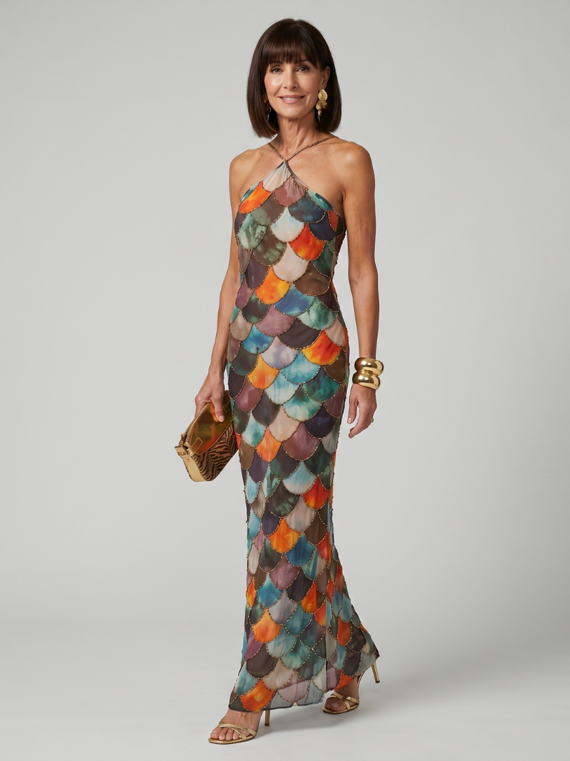 Larkin | Aansluitend Maxi-jurk met Multicolor Schaalpatroon