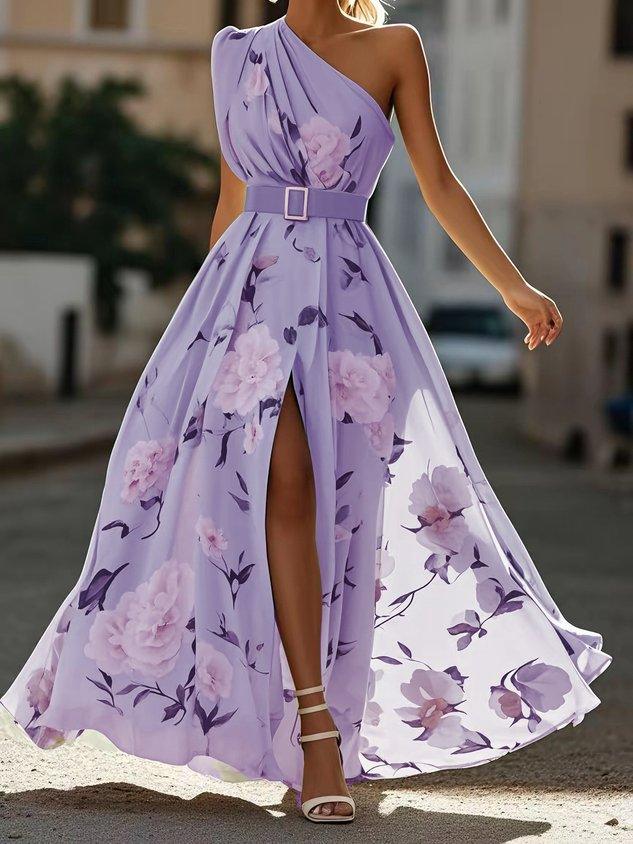 Julie | Lichtgroene Bloemen Chiffon One-Shoulder Maxi Jurk