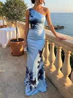 Victoria | Satin Ink Print Off-Shoulder Maxi Jurk