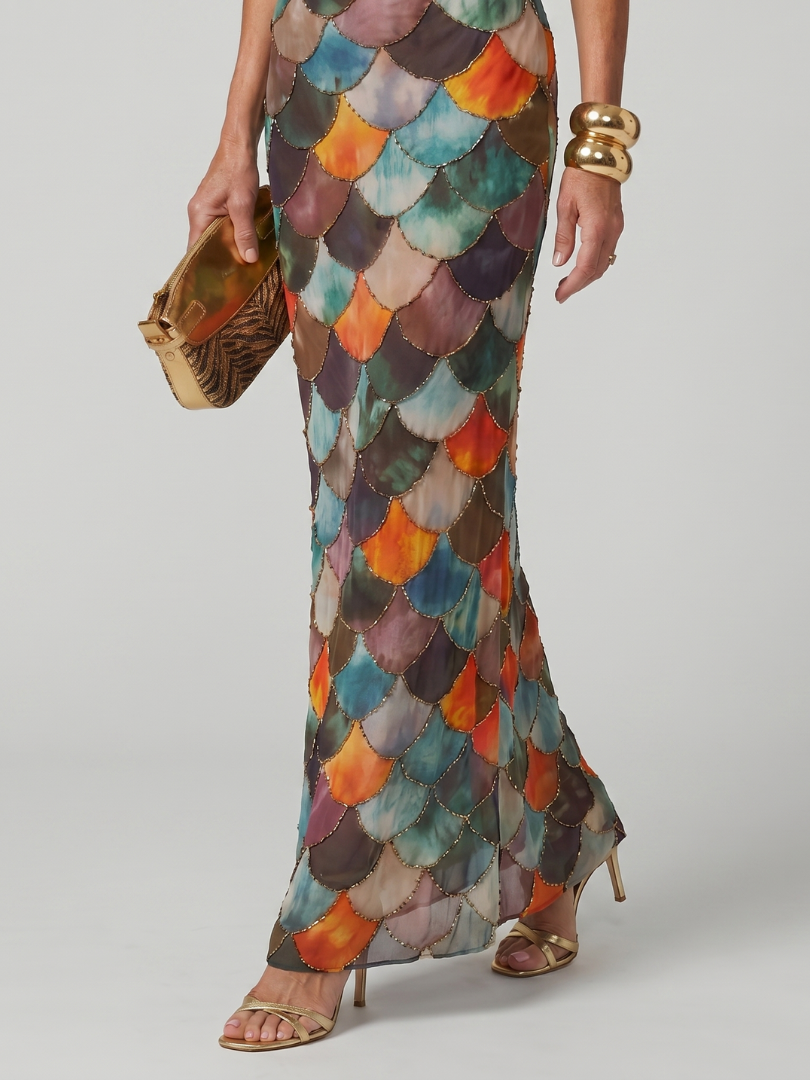 Larkin | Aansluitend Maxi-jurk met Multicolor Schaalpatroon