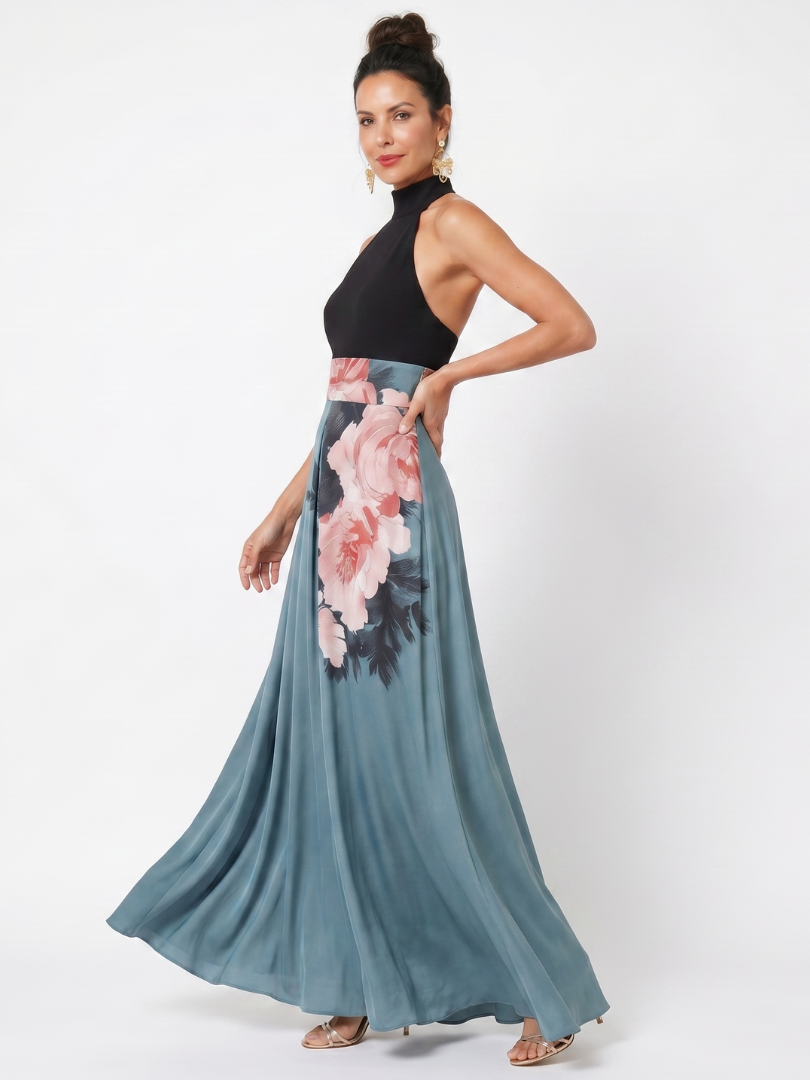 Olympas | Halter Taille Bloemige Rok Maxi Jurk