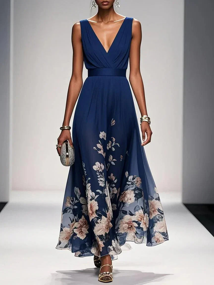 Roze | Lichtblauwe Bloemen Chiffon V-Hals Maxi Jurk