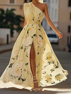 Julie | Lichtgroene Bloemen Chiffon One-Shoulder Maxi Jurk