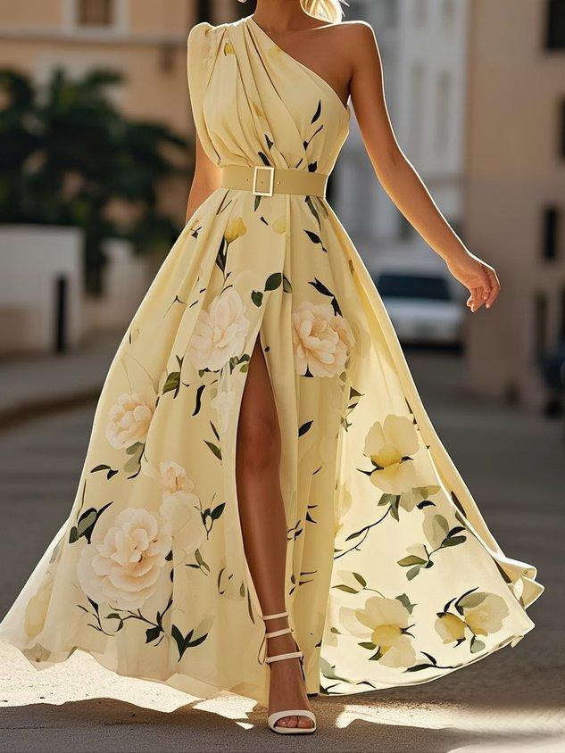 Julie | Lichtgroene Bloemen Chiffon One-Shoulder Maxi Jurk