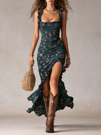 Saar | Boho Retro Ruffled Mouwen Hoge Split Maxi Jurk