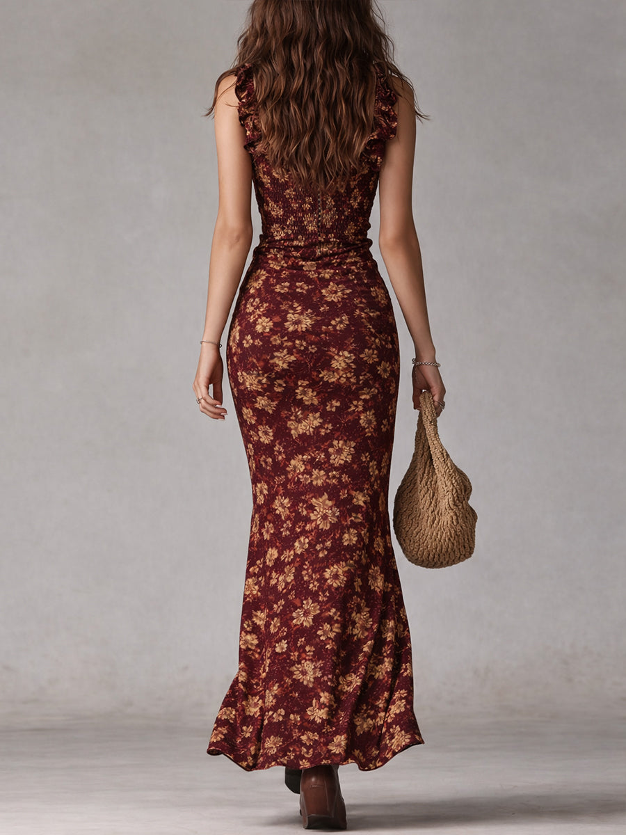 Saar | Boho Retro Ruffled Mouwen Hoge Split Maxi Jurk