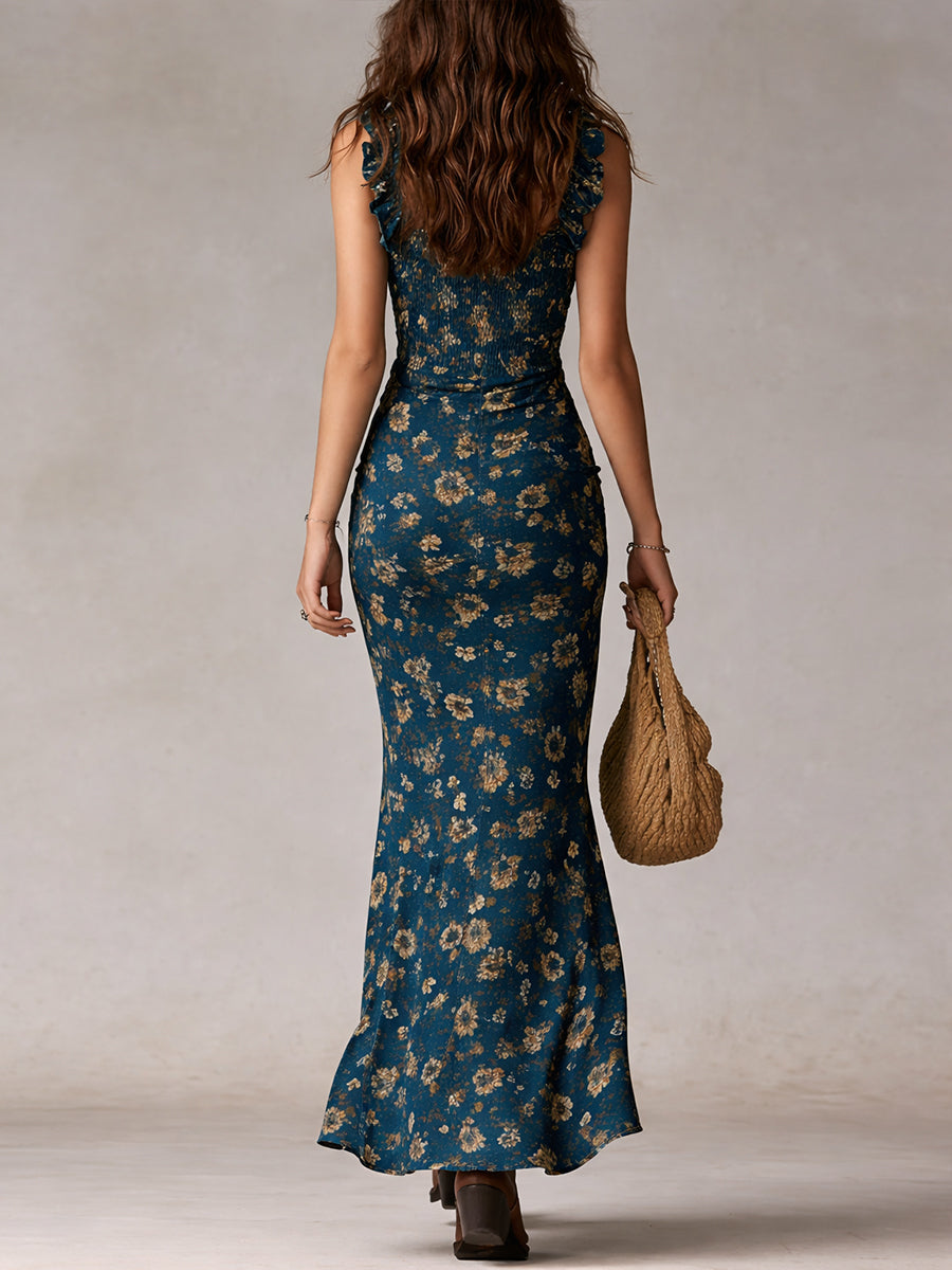 Saar | Boho Retro Ruffled Mouwen Hoge Split Maxi Jurk