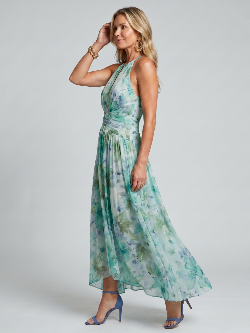 Portia | Geplooide Halter Midi-jurk met Zachte Bloemenprint