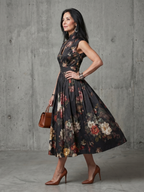 Greta | Hoge Hals Sleutelgat Bloemen Geplooide Midi Jurk