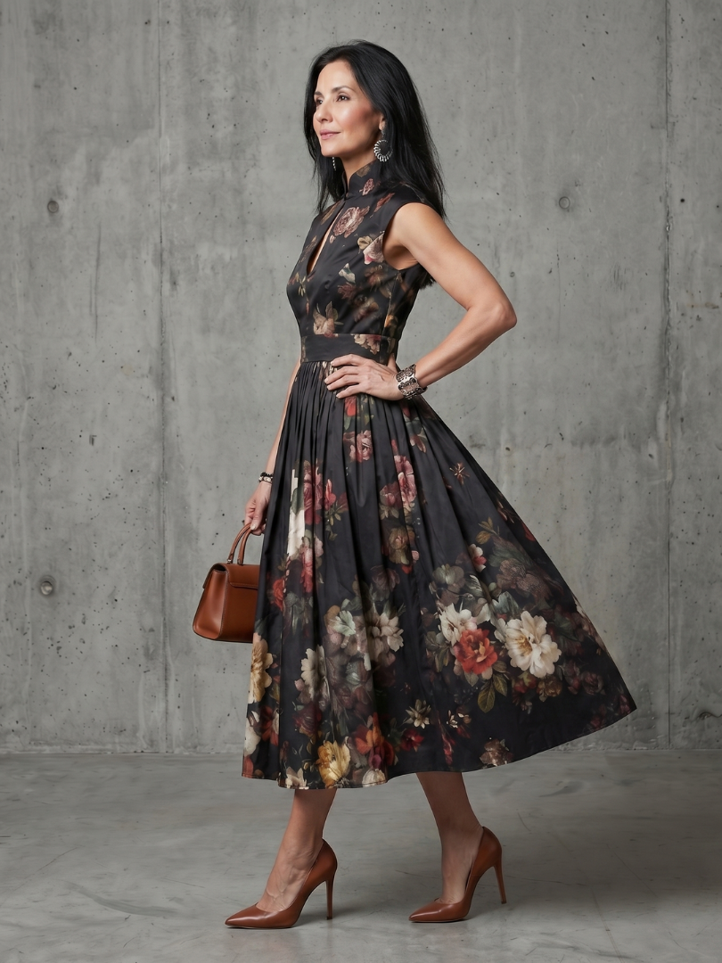 Greta | Hoge Hals Sleutelgat Bloemen Geplooide Midi Jurk