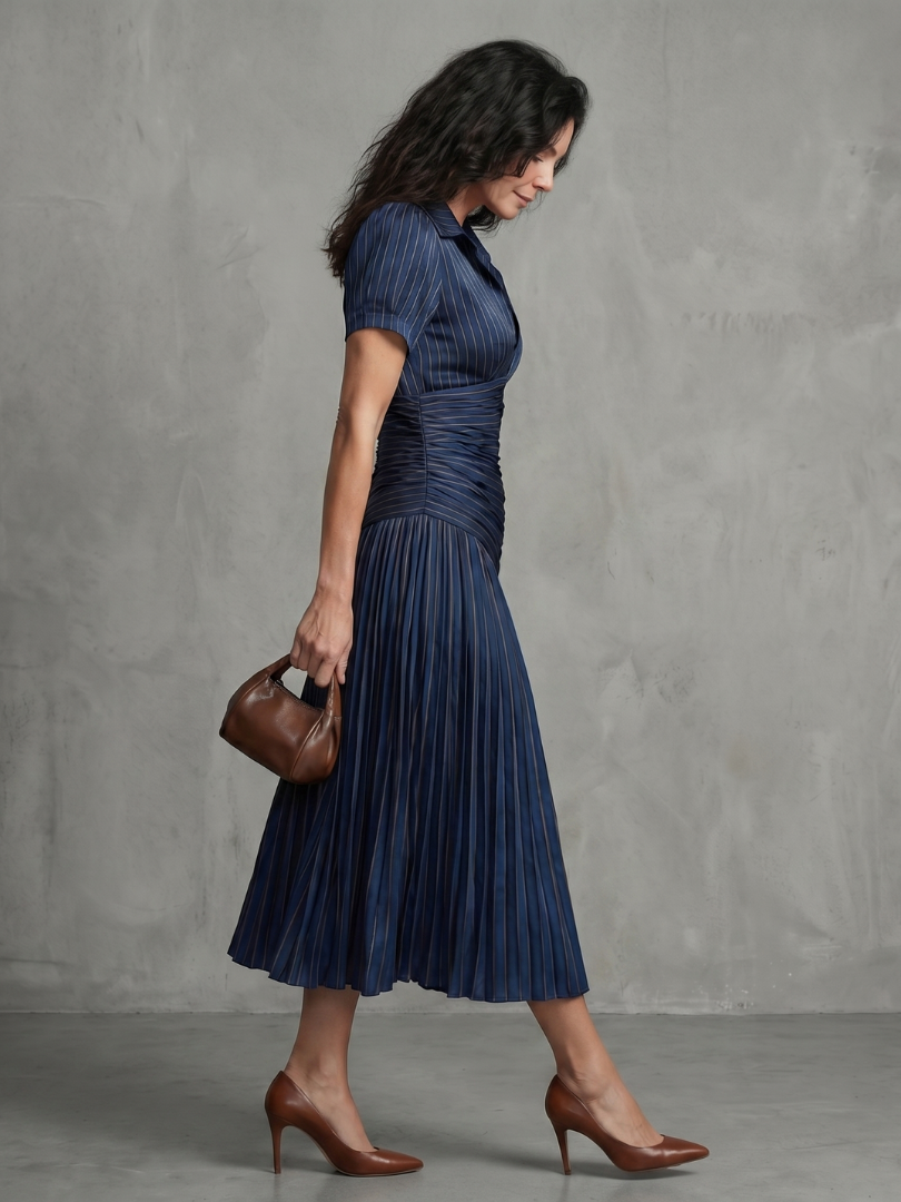 Theodora | Plissé Taille Stripe Midi Jurk