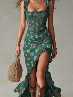 Saar | Boho Retro Ruffled Mouwen Hoge Split Maxi Jurk