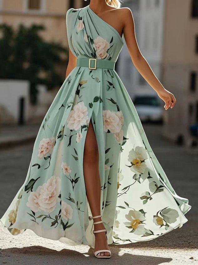 Julie | Lichtgroene Bloemen Chiffon One-Shoulder Maxi Jurk