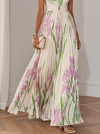 Marie | Witte Geplooide Bloemen Chiffon Maxi Jurk