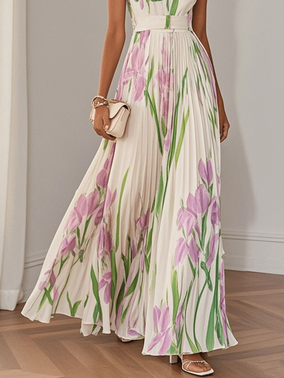 Marie | Witte Geplooide Bloemen Chiffon Maxi Jurk