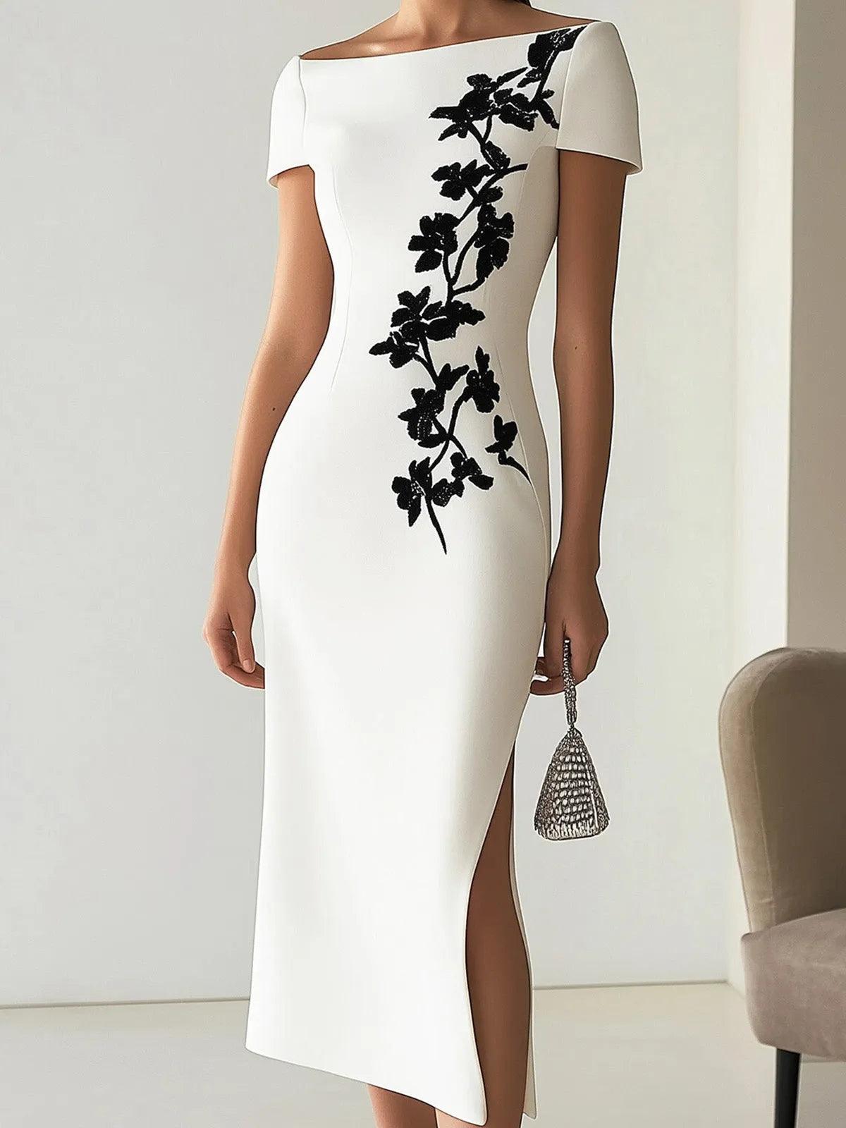 Audrey | Chique Bloemenprint Boot Neck Midi Jurk Outfit