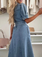 Anna | Maxi Denim Jurk met mouwen