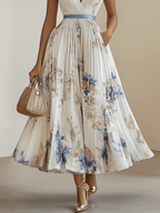 Chloe | Witte Bloemen Chiffon V-Hals Geplooide Midi Jurk