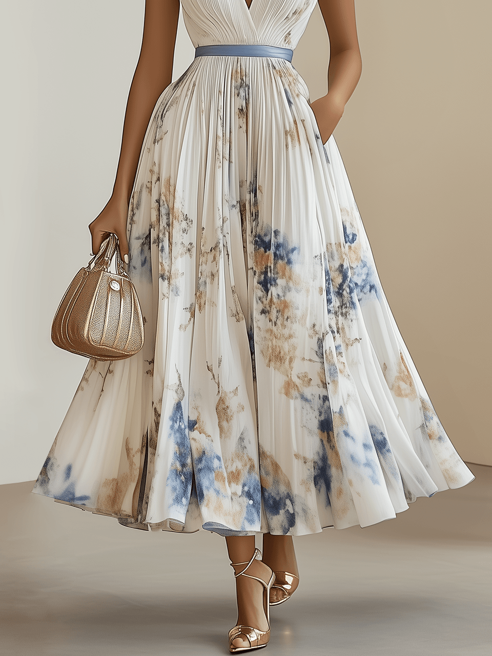 Chloe | Witte Bloemen Chiffon V-Hals Geplooide Midi Jurk