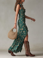 Maya™ | Boho Retro Ruffled Sleeves High Slit Maxi Dress