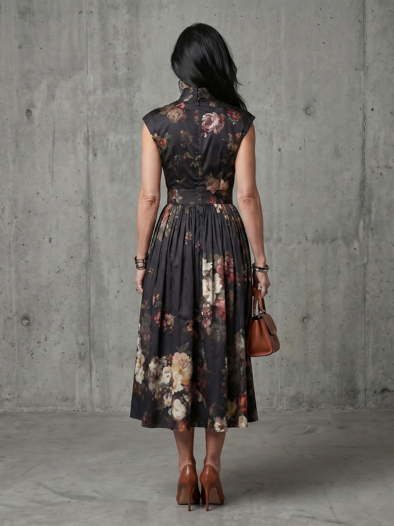 Greta | Hoge Hals Sleutelgat Bloemen Geplooide Midi Jurk