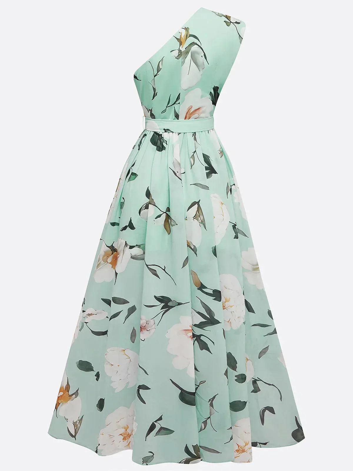 Julie | Lichtgroene Bloemen Chiffon One-Shoulder Maxi Jurk
