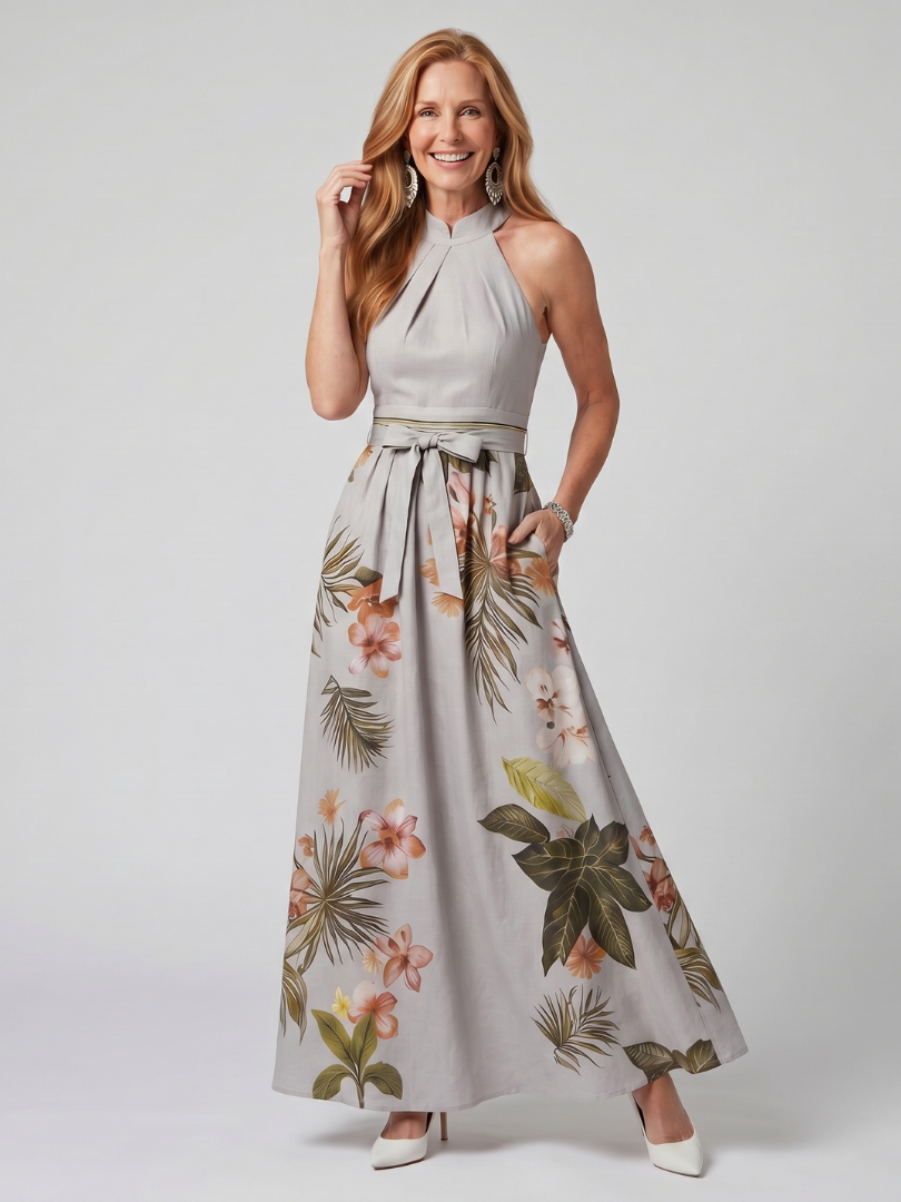 Weide | Gedrapeerde Halter Botanische Paneel Maxi Jurk
