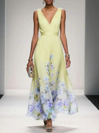 Roze | Lichtblauwe Bloemen Chiffon V-Hals Maxi Jurk