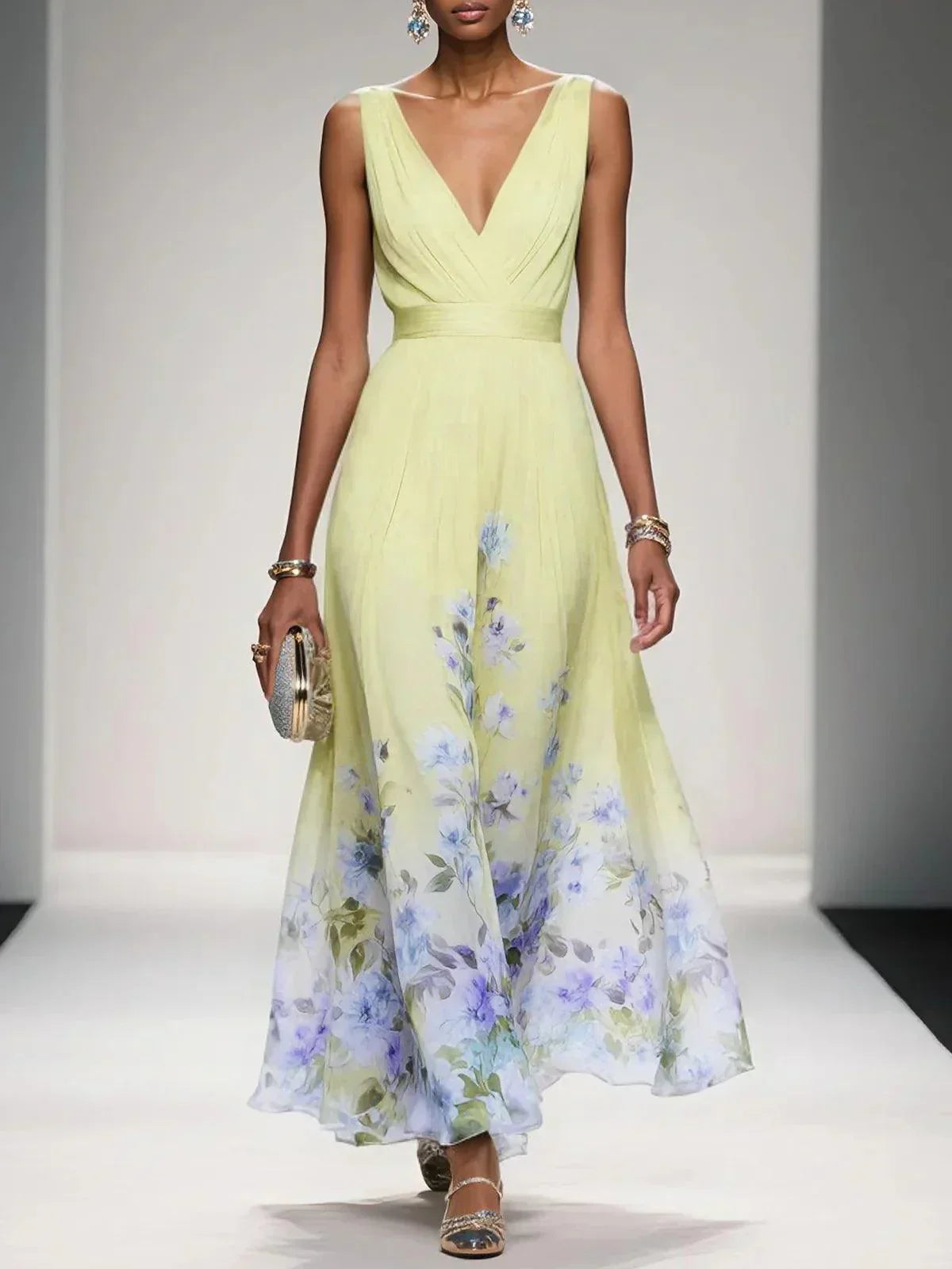 Roze | Lichtblauwe Bloemen Chiffon V-Hals Maxi Jurk