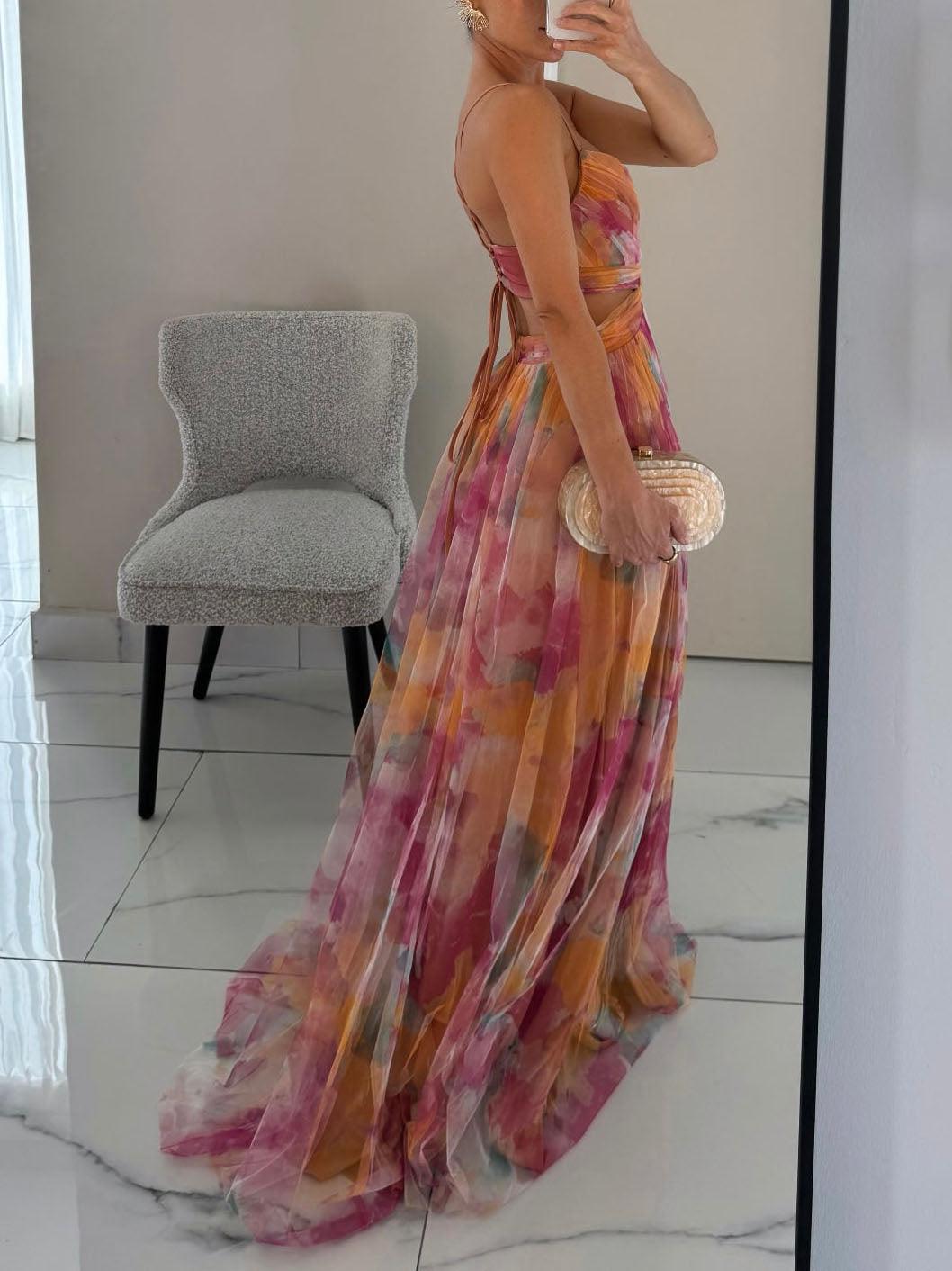 Karen | Geschilderde Bloemenprint V-Hals Maxi Jurk