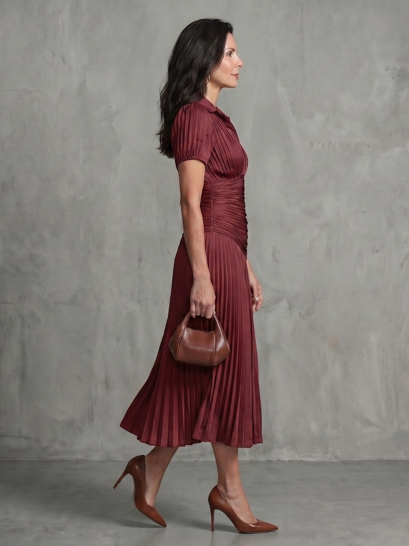Theodora | Plissé Taille Stripe Midi Jurk